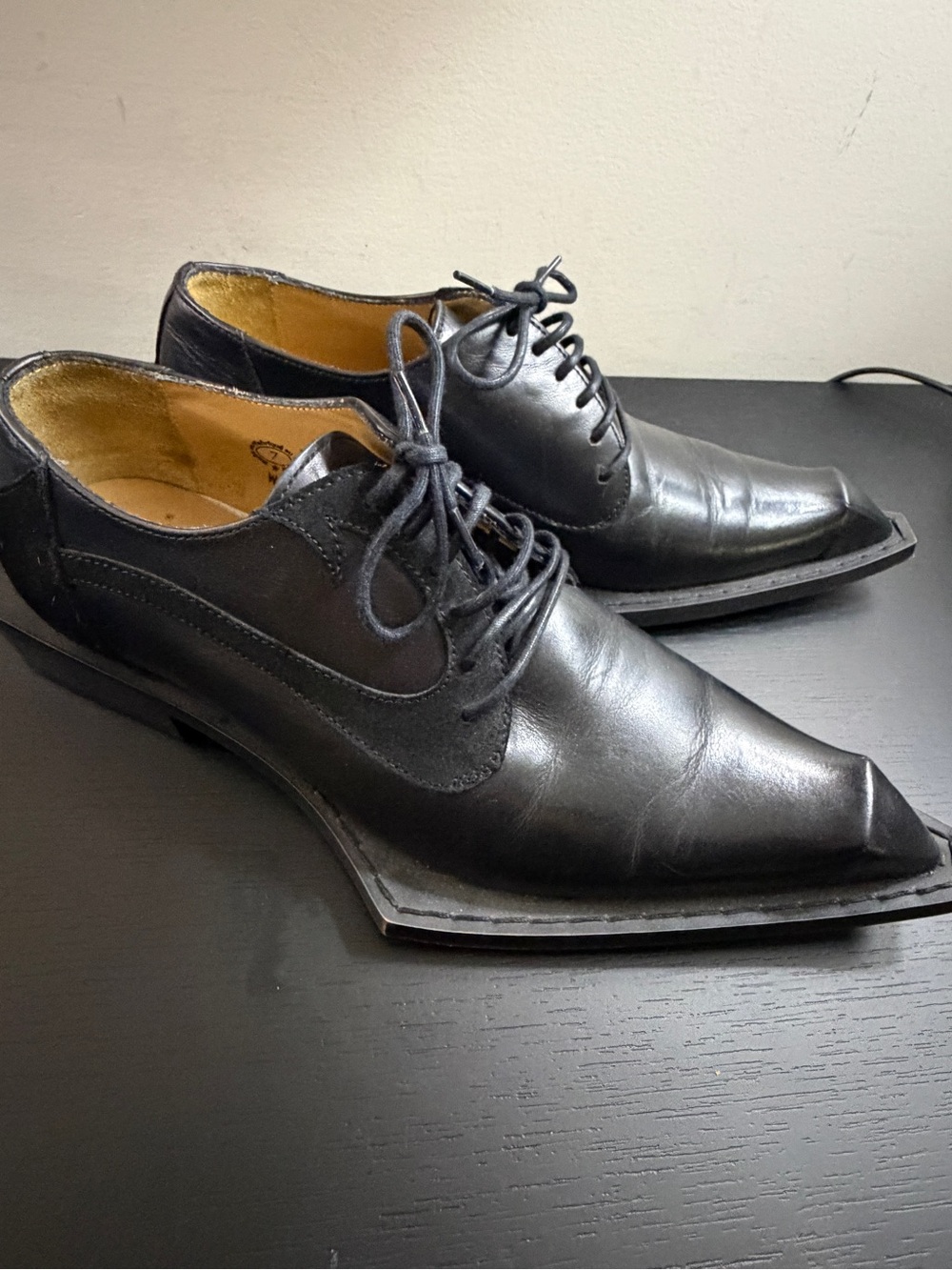 John Fluevog Black Leather Pointed Derby Oxfords